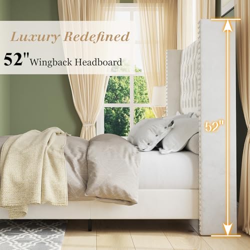 Queen Bed Frame with 51.6" Tall Upholstered Headboard,Cream, view 5