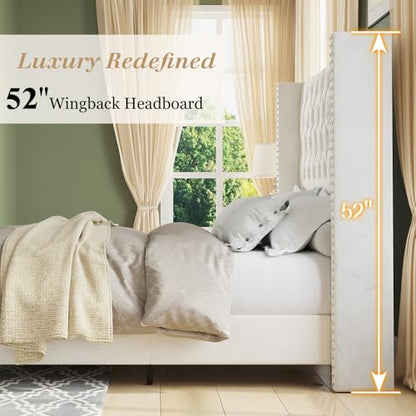 Queen Bed Frame with 51.6" Tall Upholstered Headboard,Cream, view 5