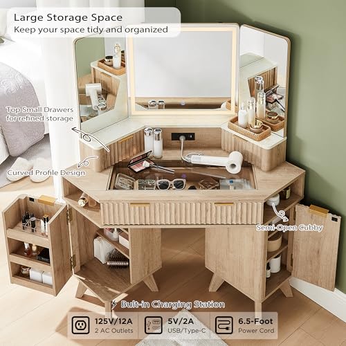 48" Fluted Corner Makeup Vanity Desk with 3 Way Mirror and Light, view 4
