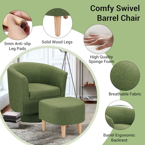 Green Swivel Accent Chair with Ottoman, Comfy Barrel Armchair for Small Spaces, 360° Modern Fabric Lounge Chair for Living Room, Bedroom, Reading Nook, Home Office