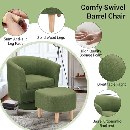 Green Swivel Accent Chair with Ottoman, Comfy Barrel Armchair for Small Spaces, 360° Modern Fabric Lounge Chair for Living Room, Bedroom, Reading Nook, Home Office