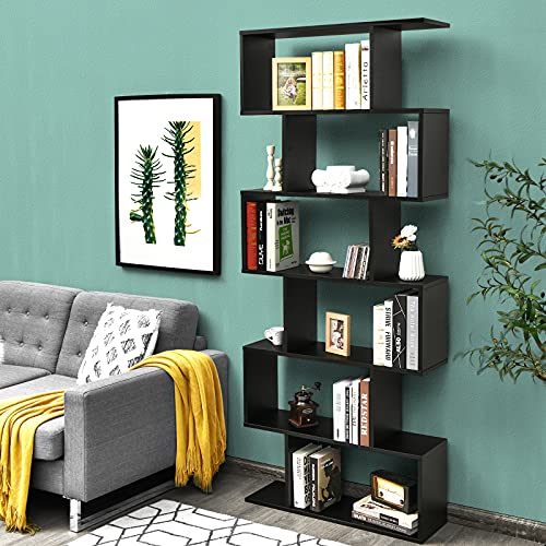 6 Tier S Shaped Bookshelf, 31.5''L x 9''W x 75''H, Wooden Bookcase and Bookshelves w/Anti-Toppling Device, Room Divider Display Shelves for Living Room, Home Decor, 6 Shelf Bookshelf