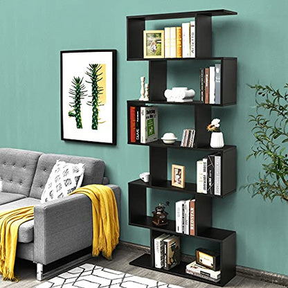 6 Tier S Shaped Bookshelf, 31.5''L x 9''W x 75''H, Wooden Bookcase and Bookshelves w/Anti-Toppling Device, Room Divider Display Shelves for Living Room, Home Decor, 6 Shelf Bookshelf