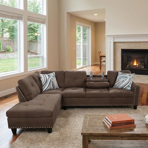 L-Shaped Sectional Sofa, Modern 4-Seat Couch with Built-in Cup Holders, Upholstered Fabric Sectional Couch with Left Facing Chaise for Living Room, Apartment, Office, Brown