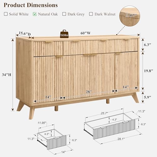 60 Inch Fluted Buffet Sideboard Cabinet, Natural Oak, view 3