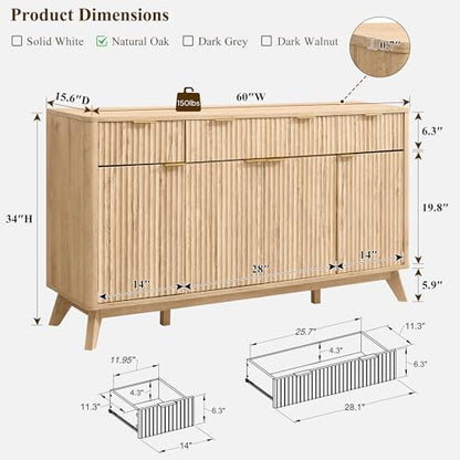 60 Inch Fluted Buffet Sideboard Cabinet, Natural Oak, view 3