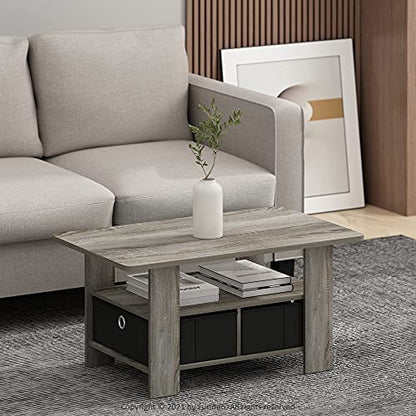 Andrey Coffee Table with Bin Drawer, French Oak Grey/Black | 2x Bin Drawers, Soft-Corner, Rectangular Side Table for Living Room, Bedroom, Home Office