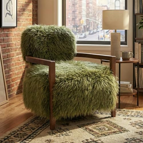 Ramos Modern Accent Chair with Ultra Soft Faux Fur, Long-Haired Accent Sofa, Tight Seat and Back Single Couch, Fluffy Living Room Seating, No Assembly Needed, Green