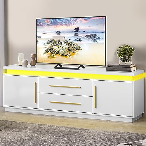 67" TV Stand for TV up to 75", Modern Entertainment Center with LED Lights Change to Melody of Music, Media Console Table with Cabinets and Drawers for Living Room, Bedroom - Studio (White)