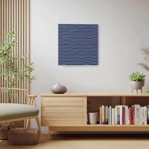 Modern Navy Blue Wavy Stripe Canvas Print Wall, Abstract Trend Rippling Water Lines Framed Canvas Art Wall Decor Pictures Painting Artwork for Living Room Bedroom, Ready to Hang, 28" x 28"