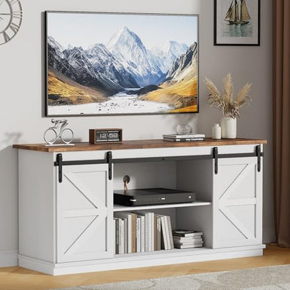 TV Stand with 4 Drawers for 65 Inch TV, Farmhouse Entertainment Center with Storage and Sliding Barn Doors, Rustic Media TV Console Cabinet with Shelves for Living Room Bedroom (Bright White)