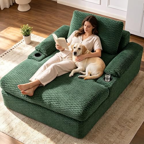 59.8" Chaise Lounge Chair Indoor,20.1" Deep Seat, Green, view 2