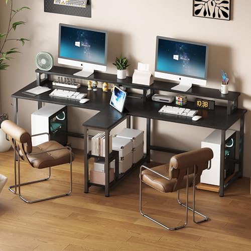 Two Person Desk with LED Lights & Power Outlet, 83.7" Extra Long Computer Desk with Monitor Stand & Storage Shelves, Double Study Work Writing Table Workstation for Home Office, Black