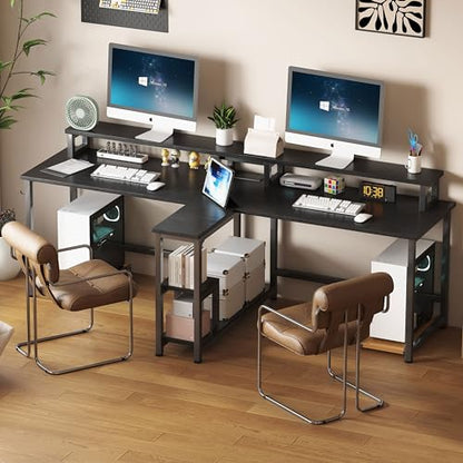 Two Person Desk with LED Lights & Power Outlet, 83.7" Extra Long Computer Desk with Monitor Stand & Storage Shelves, Double Study Work Writing Table Workstation for Home Office, Black