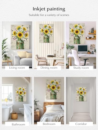 NuYeBiofx Summer Sunflower Daisy Flower Canvas Wall Art Prints,40"x28" Framed Picture Artwork Rustic Bee Retro Mottled Texture Printed Canvas Oil Painting for Living Room Bedroom Office,Ready to Hang