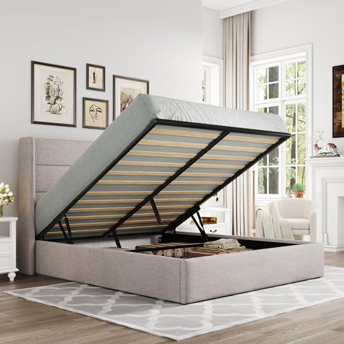 Full Size Lift Up Hydraulic Storage Bed Frame Light Beige, view 2