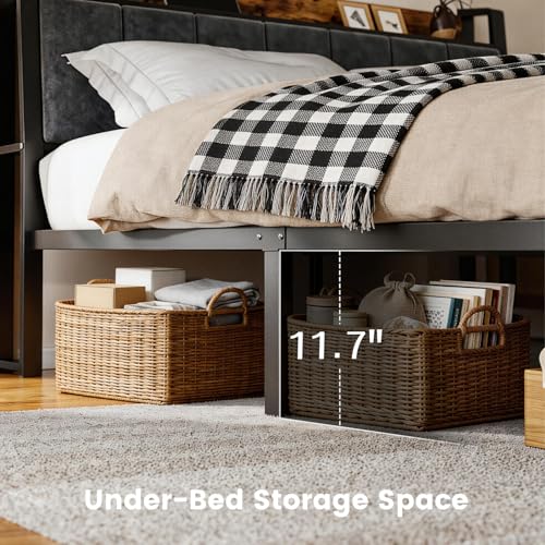 King Size Bed Frame with Charging Station, Storage Headboard, view 7