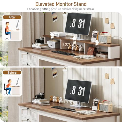 47" Farmhouse Executive Desk with 4 Drawers, Rustic White and Brown, view 8
