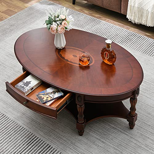 Solid Wood Coffee Table with Drawer and Storage Shelf, Traditional Living Room Cocktail Tea, Oval Center Carvings Side Vintage 46''Lx 29''Wx18.2''H Cherry Walnut KFZ1533WD-DR