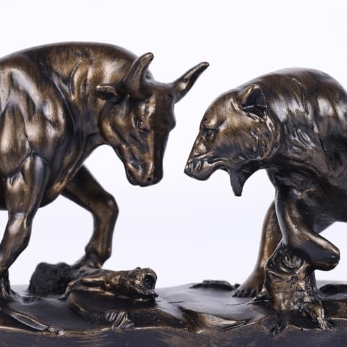 Wall Street Bull Statue, Bull Market and Bear Market Statue, Stock Market Sculpture, for Office, Desktop, Bookshelf, Living Room, Study, Home Decor, Financial Advisor Gift (Brown)