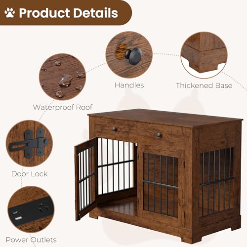 44'' Dog Crate Furniture w/Drawer Large Wooden Dog Kennel Indoor Dog House, view 4