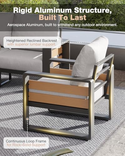Aluminum Patio Furniture Set, 5 Seats Luxury Outdoor Sectional with 6" Olefin Fabric Cushions, Patio Conversation Sets with Coffee Table for Backyard, Porch Light Grey