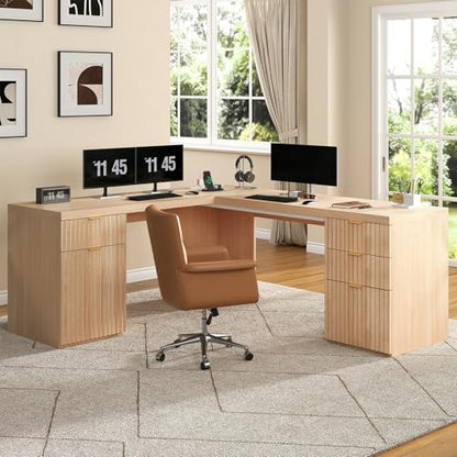 69" Modern L Shaped Executive Desk with Charging Station & File Drawer, Fluted Wood Home Office Corner Desk with Storage Cabinet and Drawers, Large Corner Computer Desk Writing Desk, Natural Oak