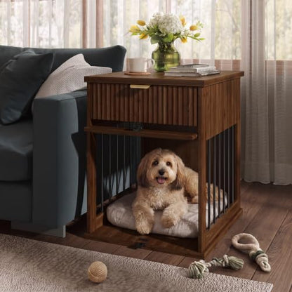 Wooden Dog Crate Furniture End Table with Drawer for Small Dogs (Brown), view 4