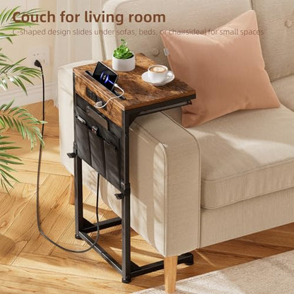 Side Table, C Shaped End Table with Charging Station, Couch Table with Storage Bag, Adjustable Height, Rustic Brown