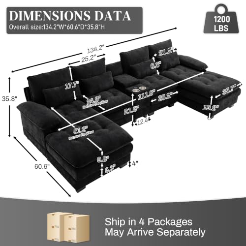 134"U Shaped Sectional Couches for Living Room,Oversized Modular Sectional Fluffy Couch with Chaise Lounge & Tufted Buttons,Modern Chenille 6 Seat Living Room Sofa Set with Storage Console,Black