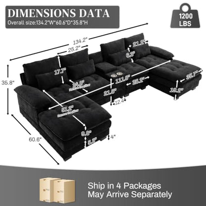 134"U Shaped Sectional Couches for Living Room,Oversized Modular Sectional Fluffy Couch with Chaise Lounge & Tufted Buttons,Modern Chenille 6 Seat Living Room Sofa Set with Storage Console,Black
