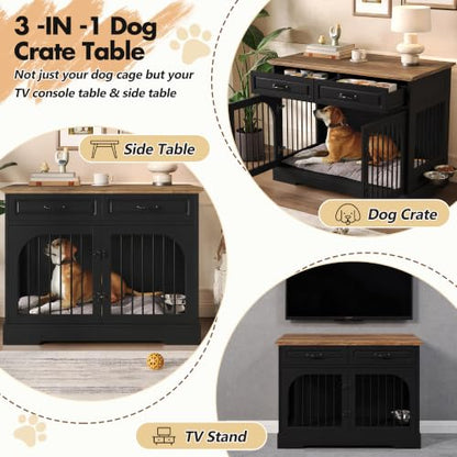 43.3" Farmhouse Dog Crate Furniture with Rotating Bowls & Drawers – Wooden, view 8
