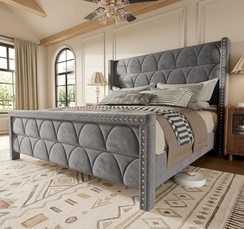 Velvet Wingback Bed Frame with Headboard, Noise-Free and Sturdy Wood Slat, Deep Gray, view 2