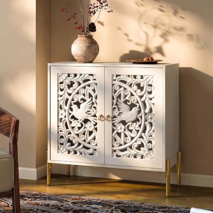 2 Doors Accent Cabinet with Hollow-Carved Bird Floral Pattern, view 6