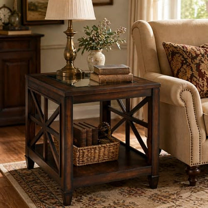 Set of 2 Solid Wood End Tables with Tempered Glass Top, 28" x 24" Large Farmhouse Side Table for Living Room, Bedroom & Office, Vintage Walnut