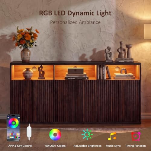 71" Fluted Sideboard Buffet Cabinet with Lights & Outlets, Walnut, view 6