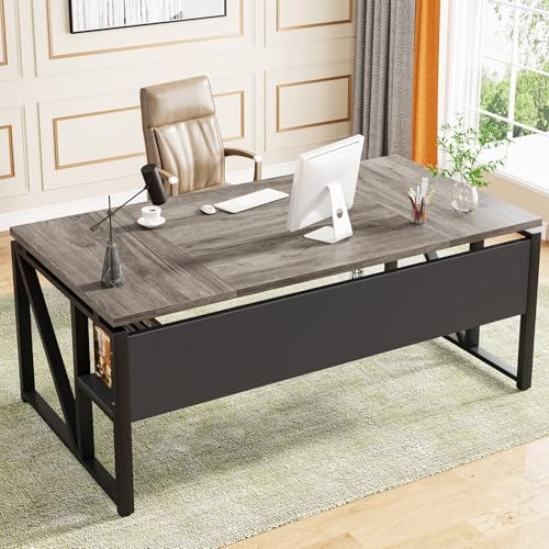 Tribesigns 63 inches Computer Desk with Bottom Storage Shelf Home Office Desk Writing Table for Workstation,Dark Walnut + Steel Leg， Cabinet not Included (Grey, 63-inch-with Shelf)