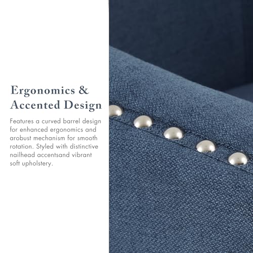 Swivel Barrel Accent Chair, Upholstered Curved Back with 7-Inch Thick Woven Cushion, 360° Swivel, Nailhead Trim, Comfy Chair for Living Room, Bedroom, Office, 28" Wide, Blue, Tyler
