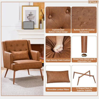 Yaheetech Accent Chair, Living Room Chair Mid Century PU Leather Armchair Lumbar Pillow, Comfy Upholstered Reading Chair Wood Leg Bedroom Brown 2PCS