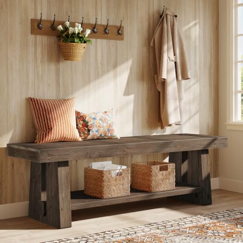 63'' Solid Wood Entryway Bench with Open Shelves, view 4