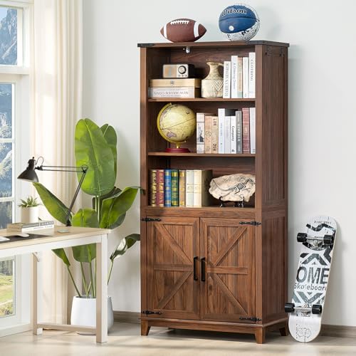 Farmhouse 70in Tall Bookshelf 5 Tier Bookcase, Barn Doors, Brown, view 2
