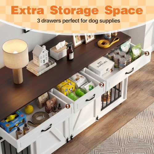 71 in Dog Crate Furniture for Dogs with 3 Storage Drawers White, view 7