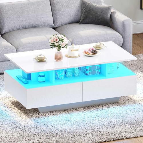 LED Coffee Table with Storage 4 Drawers, Modern High Glossy Coffee Tables for Living Room, White Rectangle Coffee Table Small Center Table with Open Display Shelf & Sliding Drawers, White