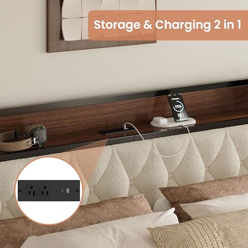 King Size Bed Frame with Headboard and Charging Station, Walnut, view 4