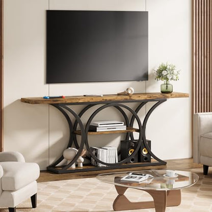 63 in Console Table for Entryway, 3-Tier Sofa Table, Brown/Black | Behind Couch Table with Metal Frame, Low Storage Shelves for Hallway, Living Room, Rustic Industrial Style