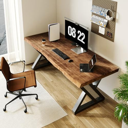 Sihtengxxhongs Rustic Style Solid Wood 55-inch Computer Desk - Large Office Desk for Home Office, Modern and Simple Design, Ideal for Study, Writing, Dining