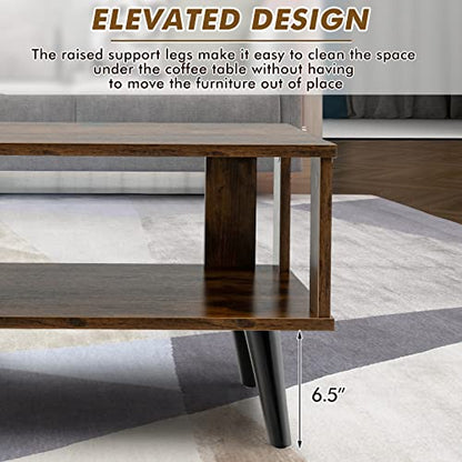 Small Wood Coffee Table, 2-Tier Tea Table w/Open Storage Shelf & Supportive Legs, Easy Assembly, Mid-Century Center Table for Living Room, Reception Room