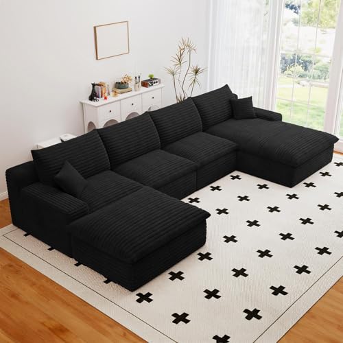 136" Cloud Sectional Couch with U-Shaped Chaise,Corduroy Viral Boneless Sofa with Ottoman,Memory Foam Couches in a Box with Deep Seat for Living Room,No Assembly Required (Black,Right-Facing Chaise)