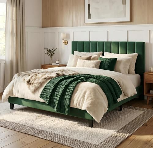 Queen Size Platform Bed Frame with Upholstered Headboard, Dark Green, view 2