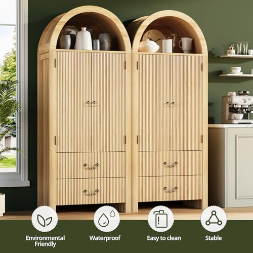 71" Arched Storage Cabinet with Fluted Doors, Tall Wood Pantry Cabinet with Drawers & Adjustable Shelves, Modern Coffee Bar Cabinet, Natural Oak